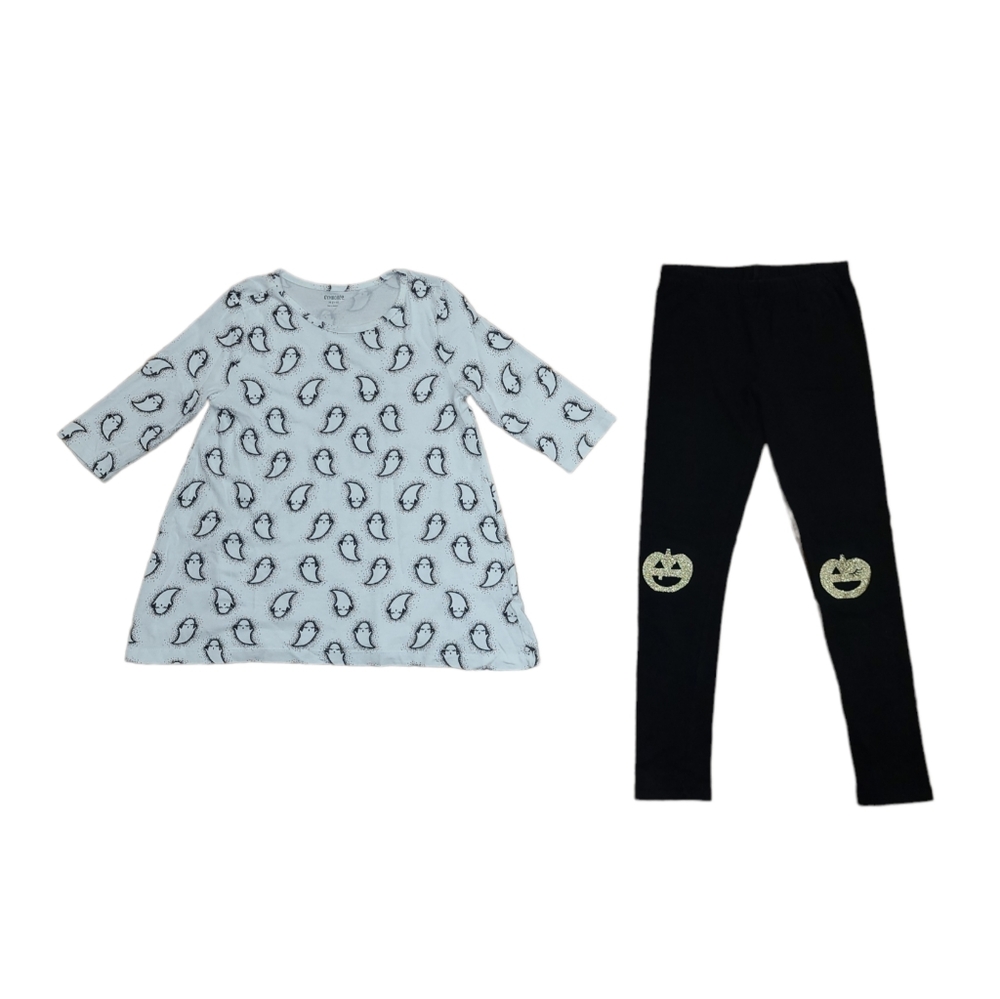 👻 Gymboree Girls Halloween Ghost Tunic & Gold Pumpkin Leggings 2pc Set Size 7/8